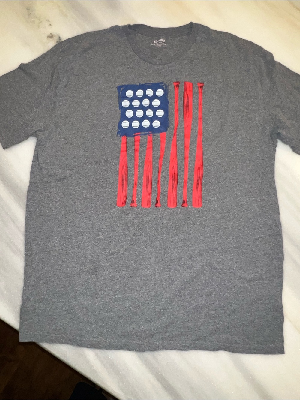 Men's Gray Graphic T-Shirt with Red & Blue Flag Design